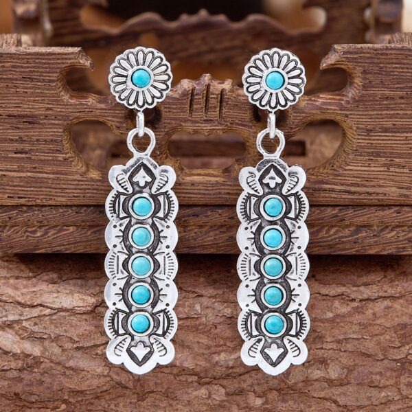 Wholesale Retro Western style earrings, rectangular patterned earrings inlaid with turquoise and pink stones