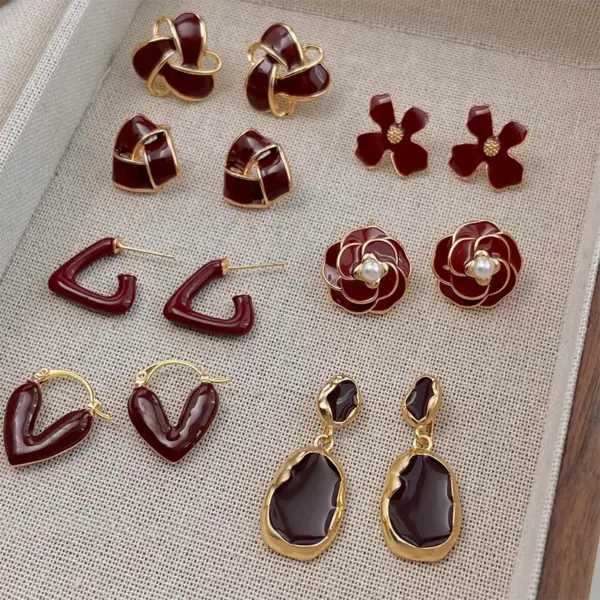 Wholesale Ankela Red Drip Oil Earrings Women's Artistic Vintage White Enhancing Fashionable Luxury Feelings Ear Jewelry