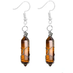 Silver Tiger Eye Earrings / Wire-Wound Hexagon Prism Earrings