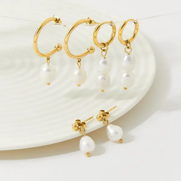 PVD Coated Real Gold Plated 16K Gold White Gold Plated Gold Plating Solid Color 304 Stainless Steel Freshwater Pearl Fashion Waterproof Non Tarnish Drop Earrings