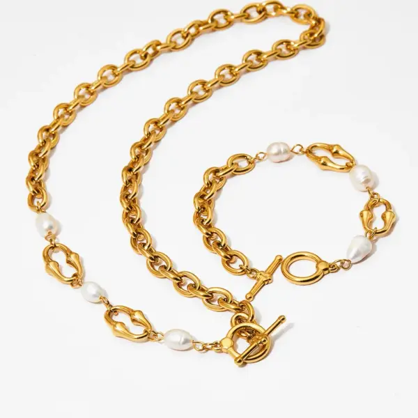 Wholesale PVD Coated Real Gold Plated 16K White Plating Solid Color 304 Stainless Steel Freshwater Pearl IG Style Simple Classic Waterproof Non Tarnish Bracelets Necklace