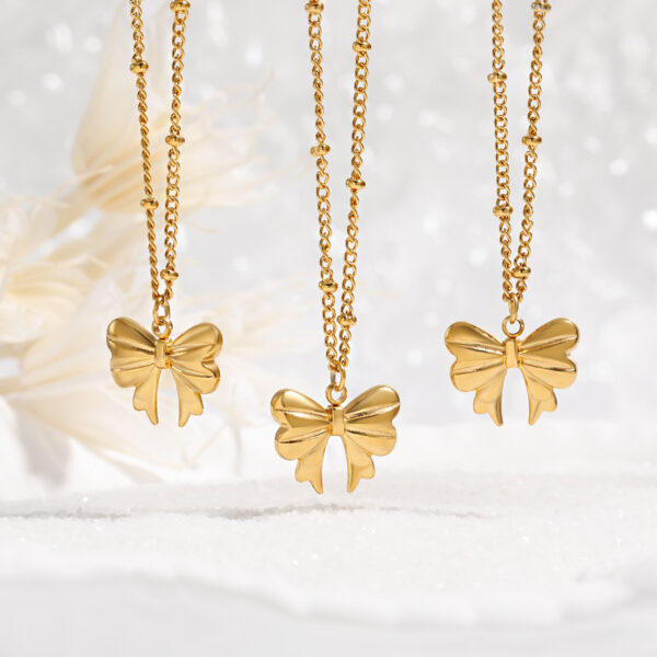 Wholesale Korean Style Ins Style Retro Minimalist Bow Necklace Women's Niche Cross-border Fashion Personalized Titanium Steel Bead Clavicle Chain