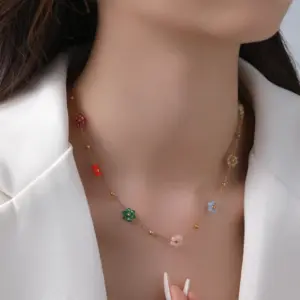【XKN6143】Colorful Bead Flower Necklace / Gold