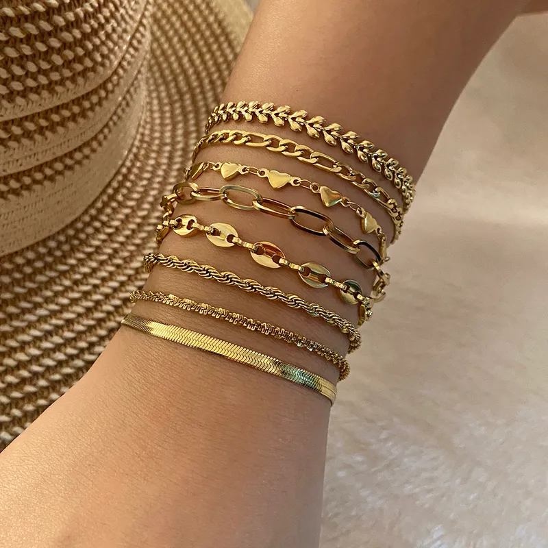 Wholesale Lady Simple Style Commute Heart Shape Stainless Steel 18K Gold Plated Bracelets In Bulk
