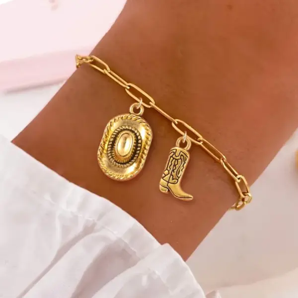 Wholesale PVD Coated Real Gold Plated Hat Boots Horseshoe 201 Stainless Steel 304 Stainless Steel Simple Style Classic Style Western Cowboy Waterproof Non Tarnish 201 Stainless Steel Lobster Trigger Clasp Closure Bracelets