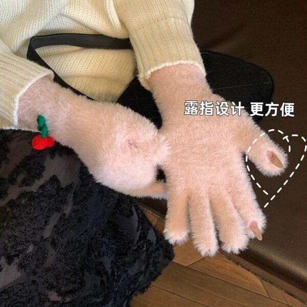 Wholesale Japanese Cute Five-Finger Cherry Plush Gloves Women's Autumn and Winter Travel Cycling Warm Cold-proof Touchscreen All-match Gloves