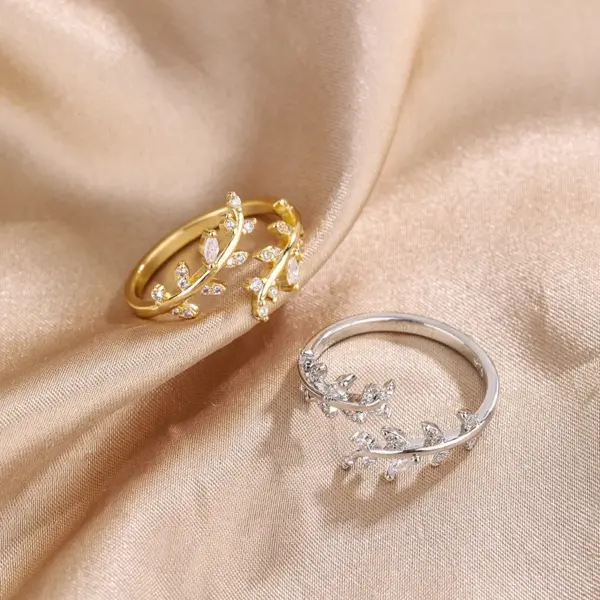 Wholesale Fashion Leaf Copper Inlay Zircon Open Ring 1 Piece