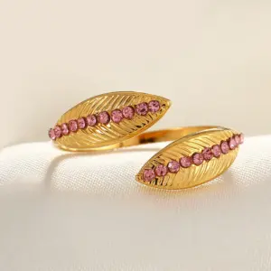 18K Real Gold Leaves Pink Diamond / Adjustable Opening