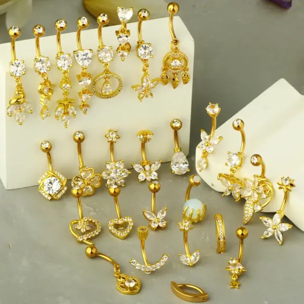 oly-338fd6219fec84565584ea3bf89556e3 Wholesale 1 Piece 316L Stainless Steel Zircon Belly Rings Moon Waterproof Non Tarnish Surgical Steel