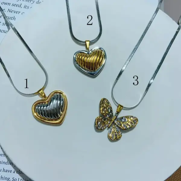 Wholesale Jewelry Elegant Cute Red Heart Butterfly 304 Stainless Steel 18K Gold Plated Casting Pendant Necklace Snake Chain