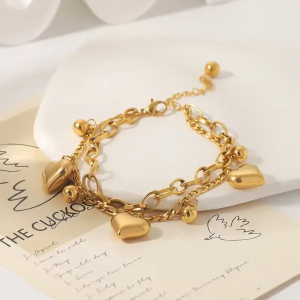 Wholesale 304 Stainless Steel Round Heart Shape Ball PVD Coated 18K Gold Plated 18K Real Gold Plated Real Gold Plated Casual Hip-Hop Modern Style Waterproof Non Tarnish Plating Gold Silver Bracelets