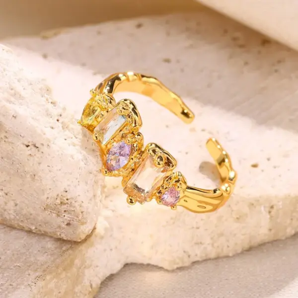 Wholesale Fairy Style Modern Style Colorful Color Block Copper Plating Inlay 18K Gold Plated Zircon Open Rings