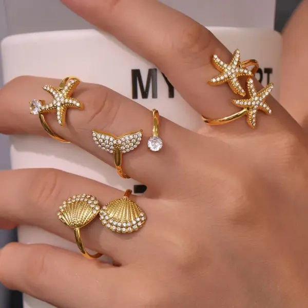 Wholesale Stainless Steel Open Ring Fish Tail Starfish Shell 5A Zirconia True Gold Plated Ocean Series Index Finger Jewelry Luxury Romantic