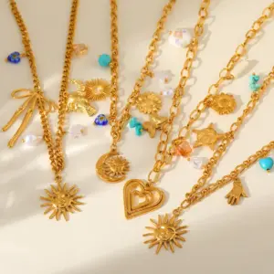 Wholesale Oceanic Style Irregular Pearl Stainless Steel Necklace Sun And Heart Pattern Vacuum Plated 18K Gold Casual Beachy Lobster Clasp