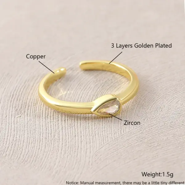 Wholesale Copper 18K Gold Plated Gold Plated Plating Inlay Water Droplets Heart Shape Zircon Open Rings Rings