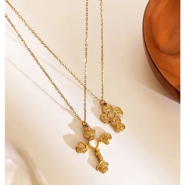 Wholesale 304 Stainless Steel Cross Rose PVD Coated Rhinestones Cat's Eye Stone Real Gold Plated Retro French Style Romantic Waterproof Non Tarnish Irregular Surgical Steel Cable Chain Lobster Trigger Clasp Closure Gold Pendant Necklace