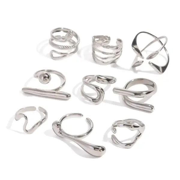 Wholesale 304 Stainless Steel Geometric Exaggerated Artistic Waterproof Non Tarnish Layered Silver Open Rings