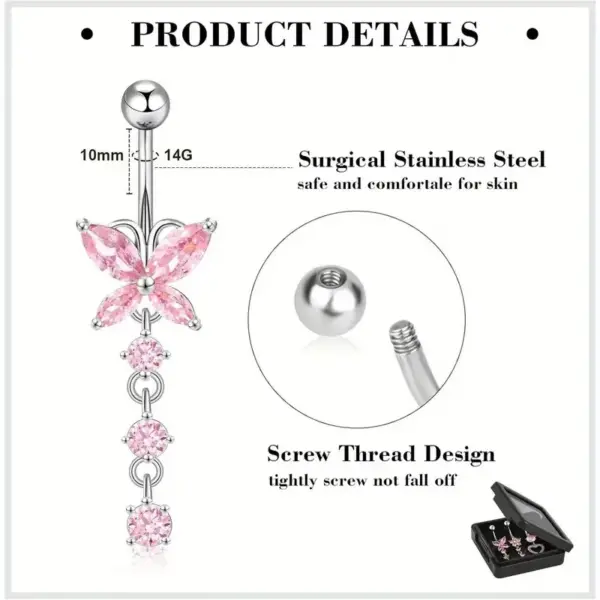 Wholesale Stainless Steel Pierced Pink Series Belly Button Ring Butterfly Heart Zirconia Embedded Belly Hoop Women's Fashion Jewelry
