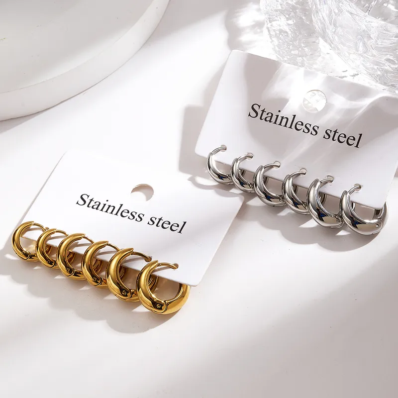 Wholesale European And American Simple Fashion INS Style Basic 304 Stainless Steel Vacuum Electroplated (In Furnace) 18K Real Gold Plated Round Hoop E