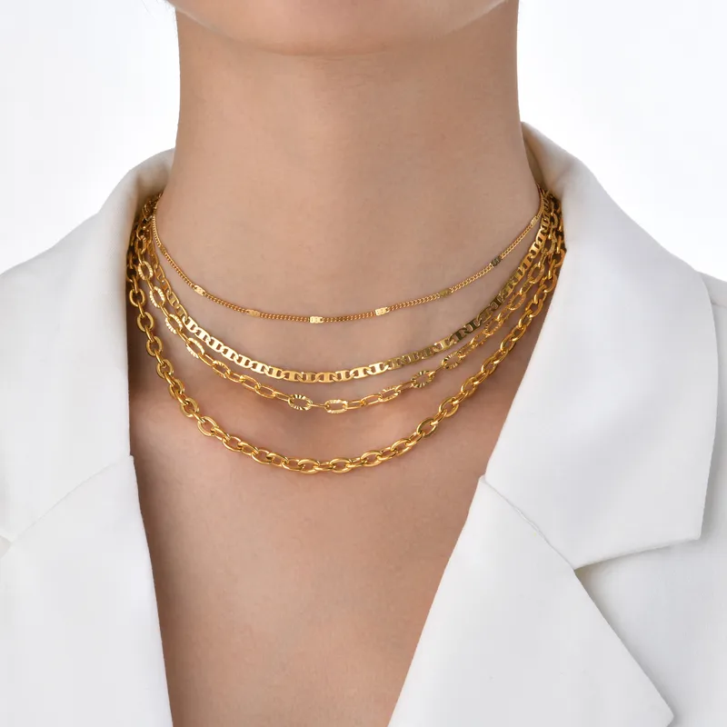 Wholesale 201 Stainless Steel Solid Color PVD Coated 18K Gold Plated Real Gold Plated Simple Style Waterproof Non Tarnish Patchwork Cable Chain Neckla