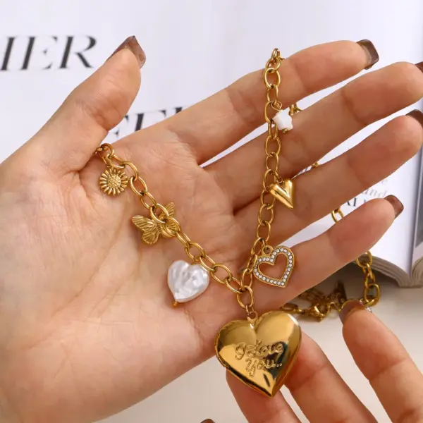 Wholesale Jewelry Simple Style Classic Style Heart Shape Flower Butterfly 304 Stainless Steel Zircon PVD Coated Pearl Hollow Out Inlay Cable Chain Multi Charms Necklace