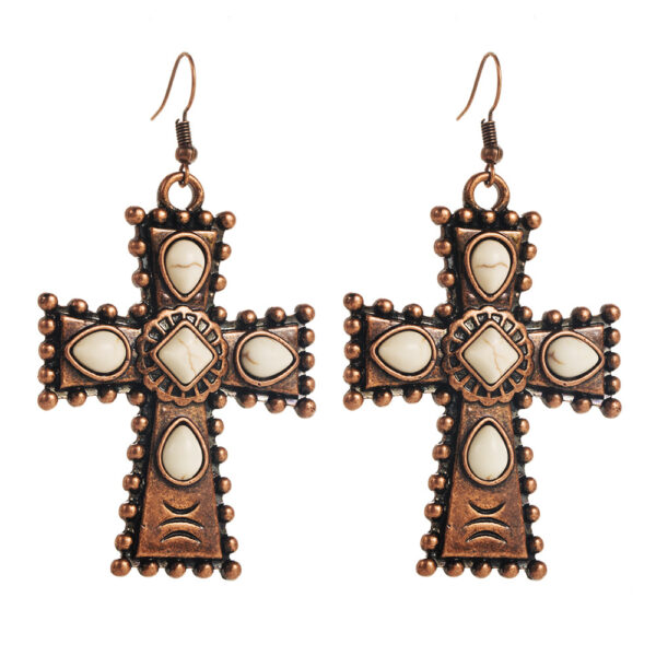 Wholesale European and American Retro Western Style Earrings Turquoise Water Drops Cross Temperament Exaggerated Earrings Independent Station Hot Earrings