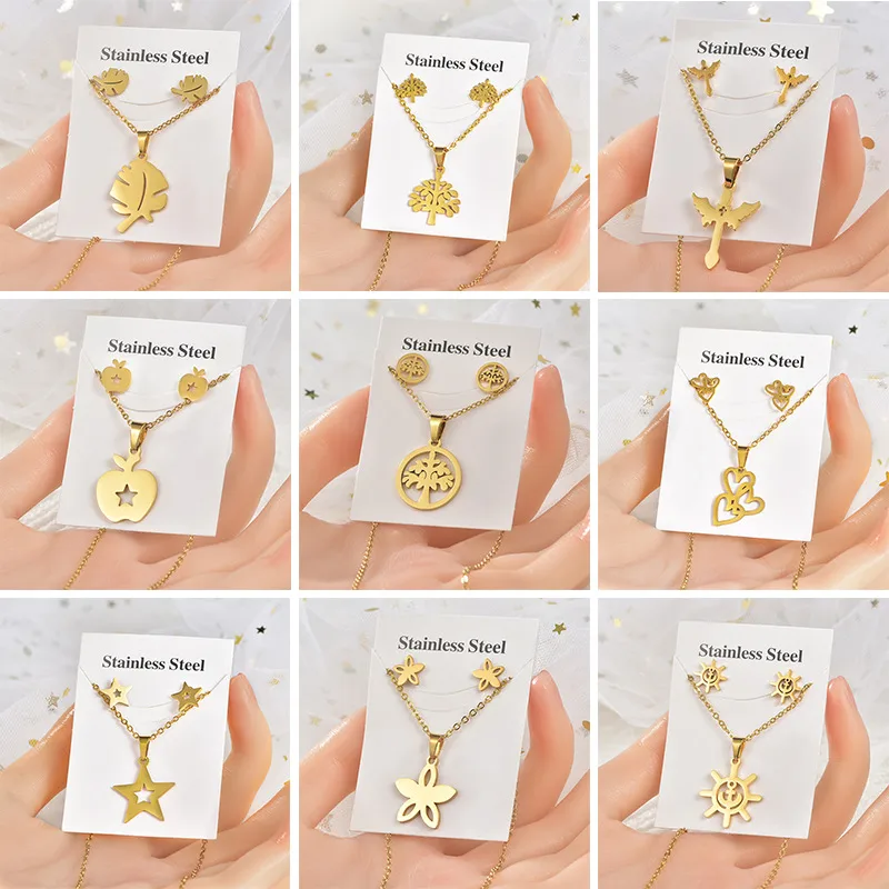 Wholesale Fashion Star Tree Heart Shape Titanium Steel Hollow Out Women's Earrings Necklace 1 Set