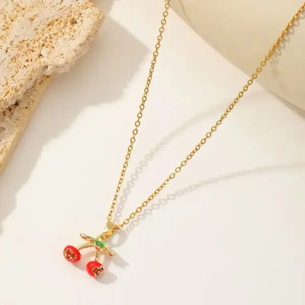 Wholesale Jewelry Cute Sweet Cherry Strawberry 304 Stainless Steel Copper Zircon 18K Gold Plated Enamel Inlay Pendant Necklace