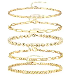 Gold & Small Stud Chain Clip Chain Beads Chain Cuban Link Chain Magic Chain Anklet Five-Piece Set