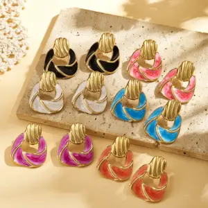 Wholesale Trendy Fashion Ins Style Gold-Plated Imitation Gold 304 Stainless Steel Colorful Oil-Drip Irregular Spiral Pattern Earrings
