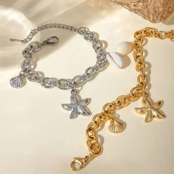 PVD Coated Real Gold Plated 18K Starfish Shell 304 Stainless Steel Basic Vacation Classic Style Waterproof Non Tarnish Bracelets