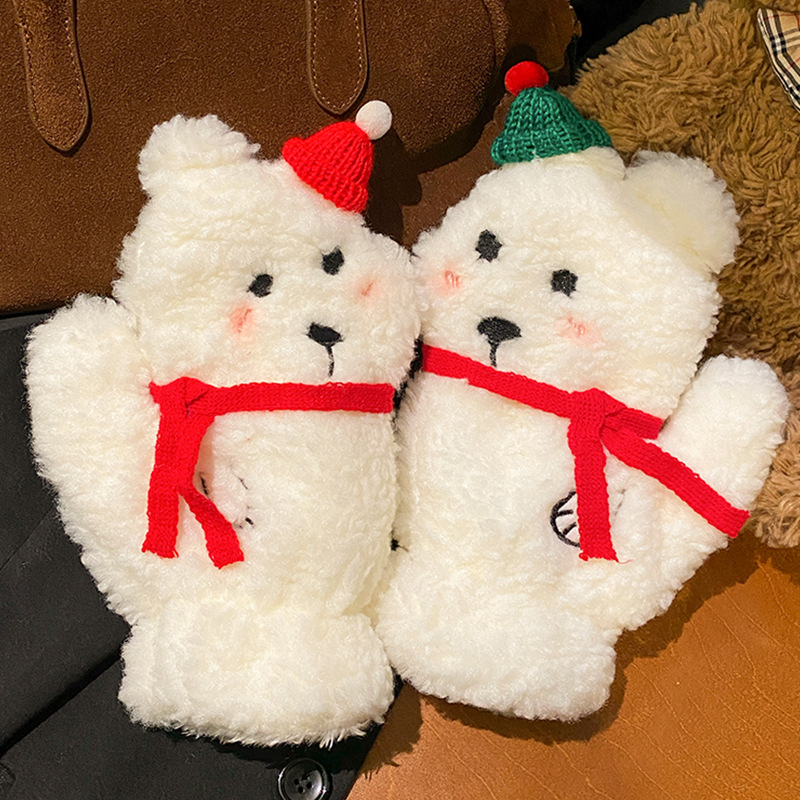 Wholesale Cute Christmas Hat Bear Plush Mittens Women 2024 Autumn and Winter Thickened fce-lined Warm Cycling Tide