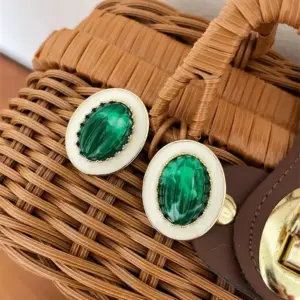 82# Silver Needle Mid-Ancient Oval Enamel Earrings