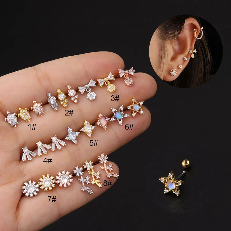 Wholesale Copper Artificial Gemstones Ear Cartilage Rings & Studs Geometric Waterproof Non Tarnish Surgical Steel Women'S