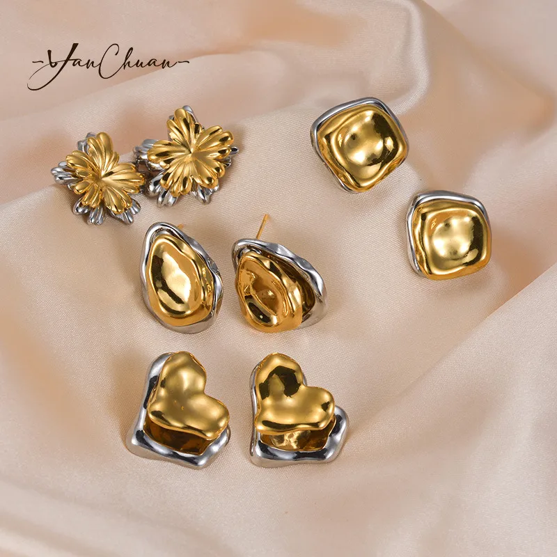 Wholesale 1 Pair Retro Commute Geometric Heart Shape Flower Plating 304 Stainless Steel Ear Studs