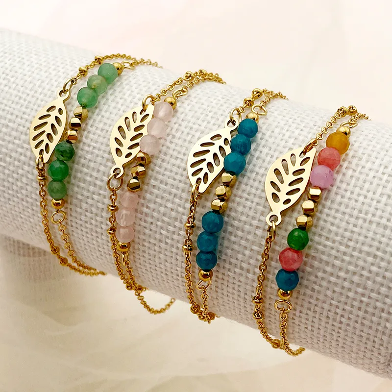 Wholesale PVD Coated Real Gold Plated 18K Gold Leaves 304 Stainless Steel Elegant Sweet Simple Style Waterproof Non Tarnish 304 Stainless Steel Bracel