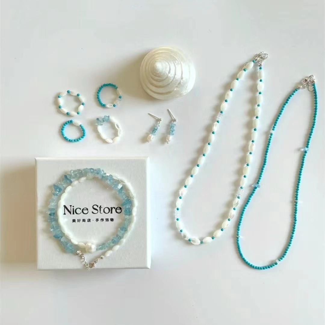 Wholesale [Blue Iceland series] small cold feeling Iceland blue beaded necklace suit gentle temperament jewelry