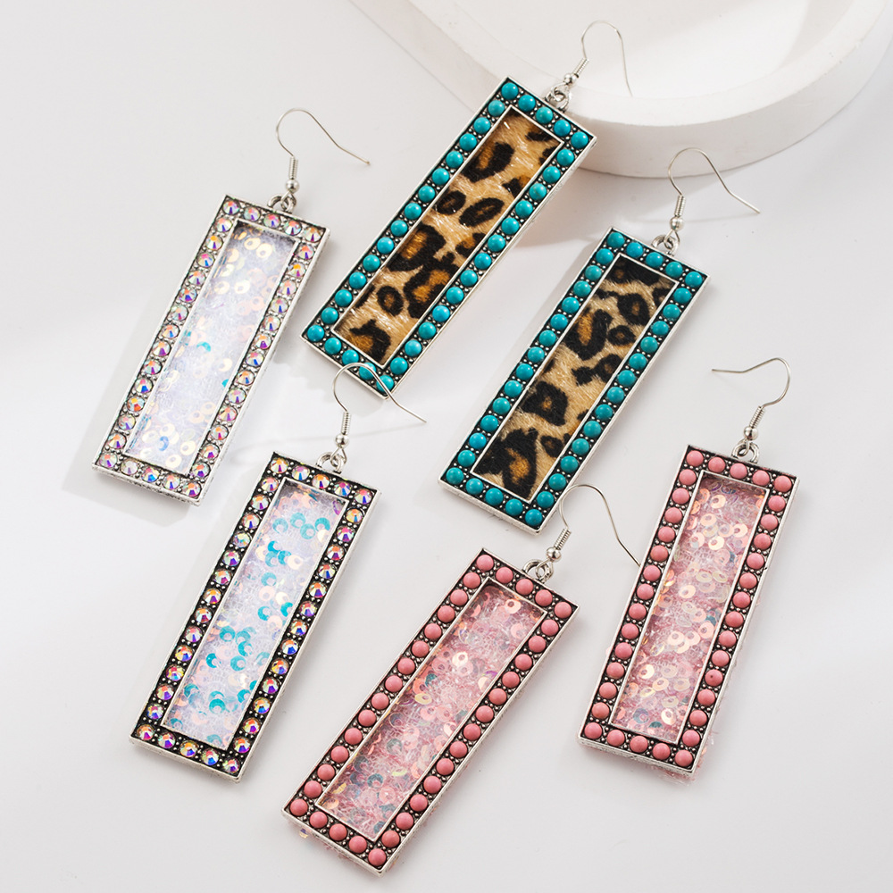 Wholesale European and American Cross-Border Western Style Diamond-Encrusted Pink Turquoise Sequin Leopard Print Leather Earrings New Retro Elegant Ea