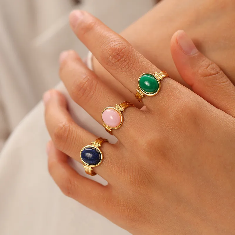 Wholesale PVD Coated Real Gold Plated 18K Gold Oval 304 Stainless Steel Natural Stone Retro Waterproof Non Tarnish Open Rings