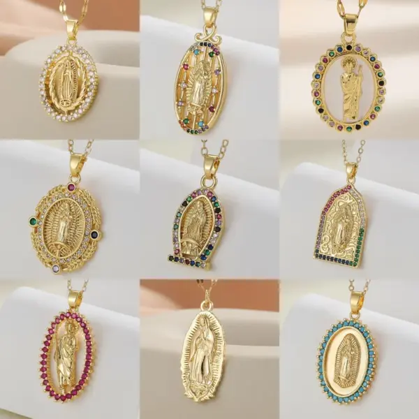 Wholesale Copper Inlay Human Virgin Mary Oval Zircon Pendant Necklace