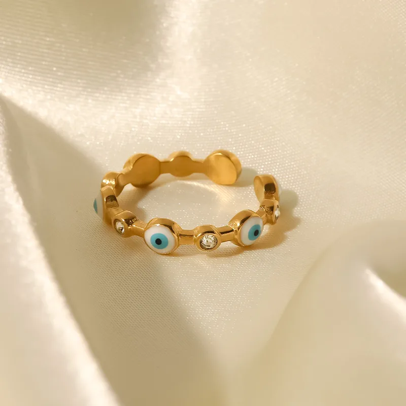 Wholesale Jewelry Fashion Devil'S Eye 304 Stainless Steel Artificial Gemstones PVD Coated Plating Inlay Open Ring