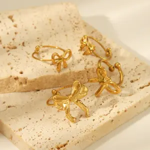 Wholesale PVD Coated Real Gold Plated 18K Gold Butterfly Bow Knot 304 Stainless Steel Sweet Simple Style Waterproof Non Tarnish Open Rings