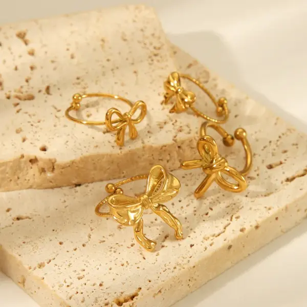 Wholesale PVD Coated Real Gold Plated 18K Gold Butterfly Bow Knot 304 Stainless Steel Sweet Simple Style Waterproof Non Tarnish Open Rings