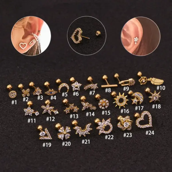 Wholesale 316L Stainless Steel Zircon Flower Earrings For Women New Creative Design Geometric Pattern Sun Star Heart Shape Gold Plated Ear Soft Cartilage Hoop And Earrings Wedding Birthday Festival Jewelry