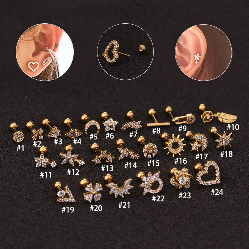 Wholesale 316L Stainless Steel Zircon Flower Earrings For Women New Creative Design Geometric Pattern Sun Star Heart Shape Gold Plated Ear Soft Cartil