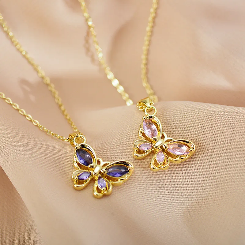 Wholesale Copper Butterfly Vacuum Plating Zircon Copper Plated Casual Elegant Vacation Hollow Out Inlay Pendant Necklace