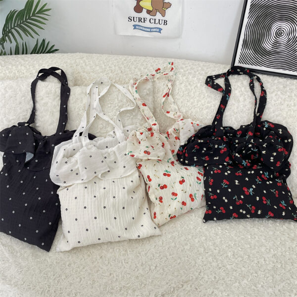 Wholesale 52202 Spring and Summer New Chiffon Ruffled Shoulder Bag Cute Cherry Canvas Bag Large Capacity Portable Tote Bag