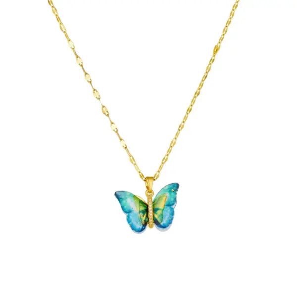 Wholesale 304 Stainless Steel Butterfly Vacuum Plating Artificial Gemstones 18K Real Gold Plated Sweet Inlay Pendant Necklace