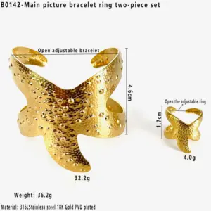 Gold Starfish Hammered Bracelet Ring Two-Piece Set / One Size