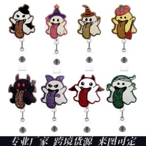 Wholesale 25 Cross-Border New Creative Cartoon Halloween Pumpkin Ghost Telescopic Badge Clip Automatic Rebound Funny Easy-Pull Buckle